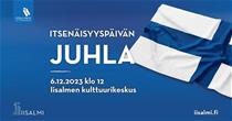 Itsenäisyyspäivän juhlan kansikuva. Kuvassa liehuu Suomen lippu.