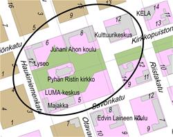 Kaava-alueella sijaitsee Pyhän Ristin kirkko, Lyseo, Juhani Ahon koulu, LUMA-keskus Majakka sekä Kulttuurikeskus.