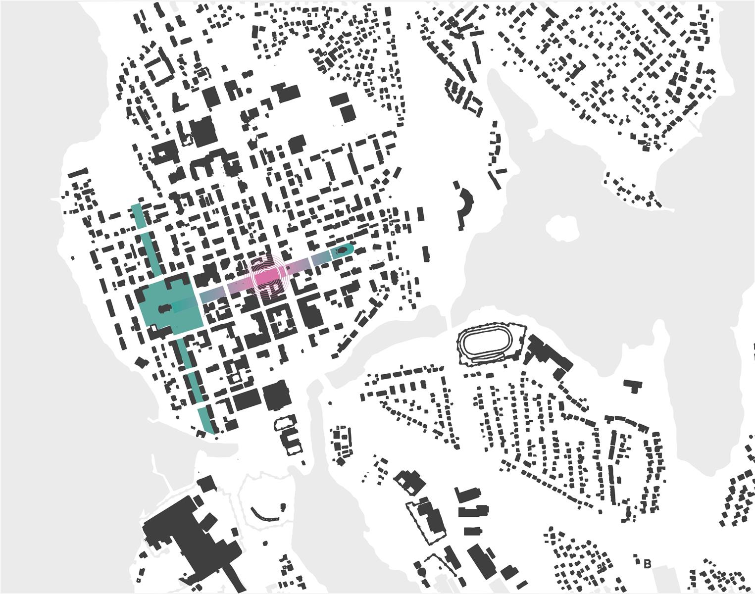 Sijaintikartassa on Iisalmen keskustan mustavalkoiseen rakeisuuskuvaan nostettu vihreällä Iisalmen kirkkopuisto, johon on punaisella väritetty suunnittelu alue eli Kirkkopuiston kukkiva lohko. 